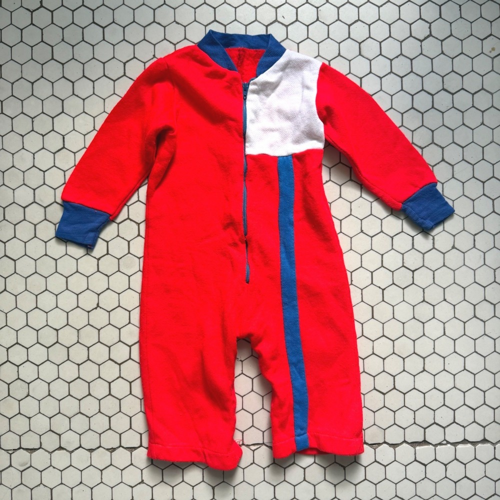Vintage Kids Fleece Coverall Red Size 18M Colorblock Zip Front Snap Leg 70s 80s